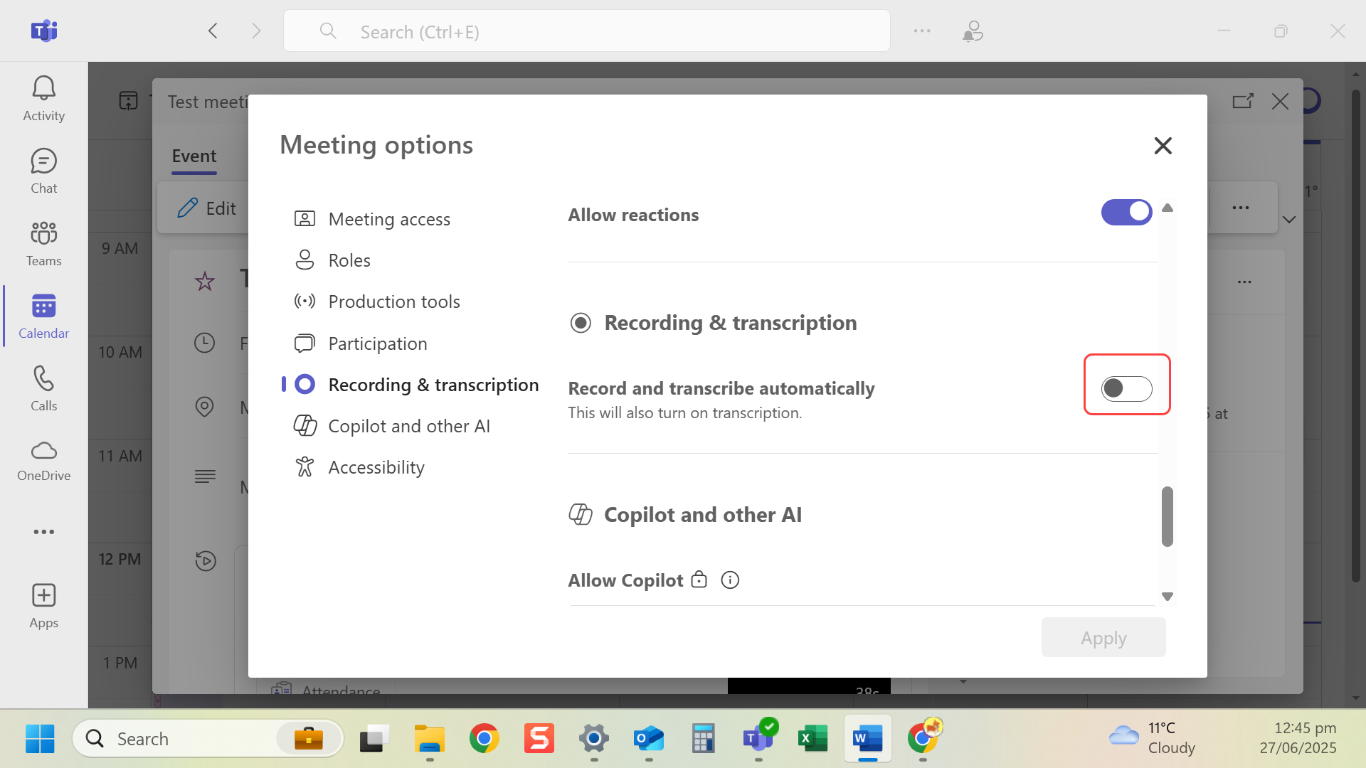 Toggle 'Record and transcribe automatically' on