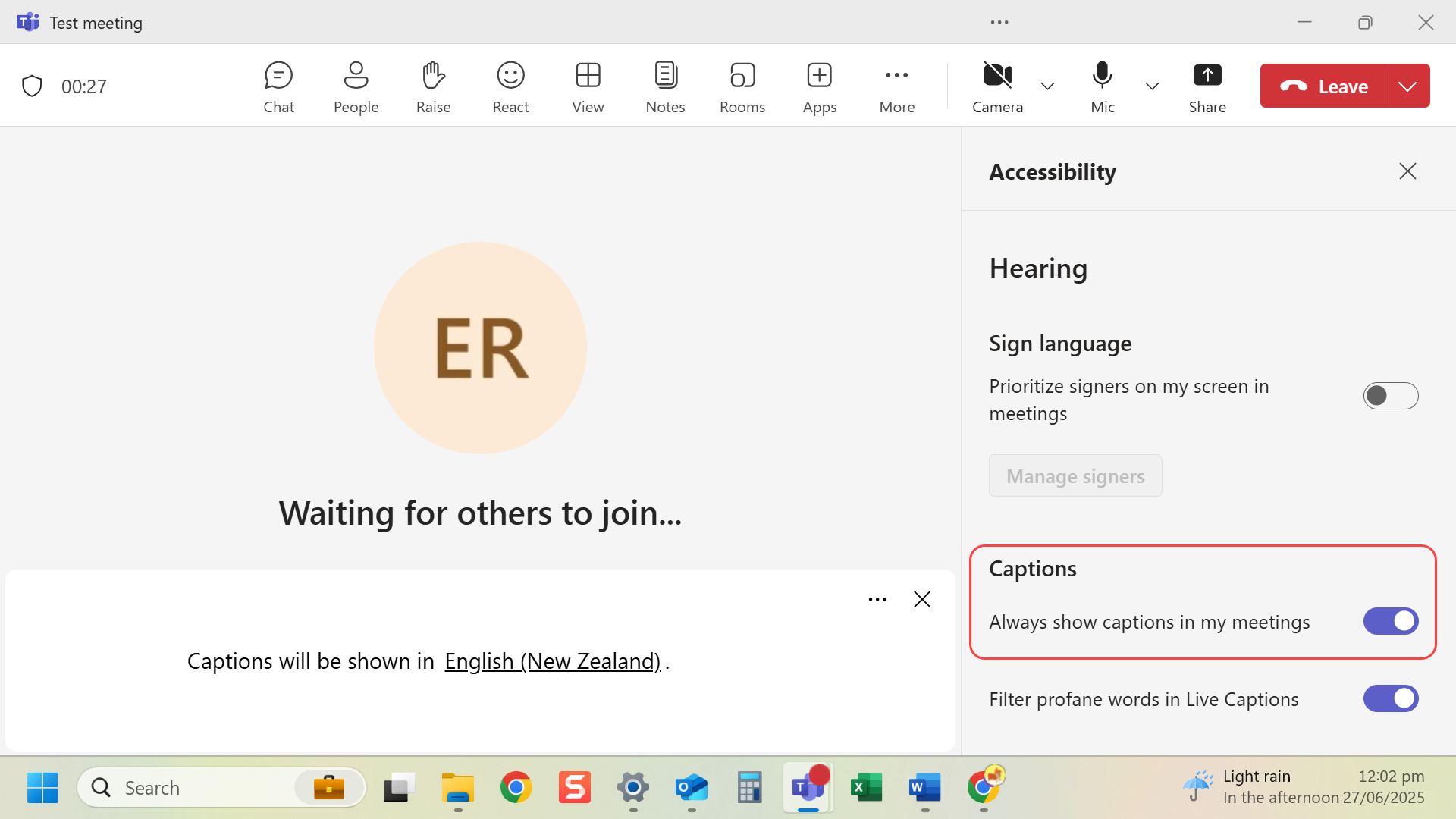 Toggle 'Always show captions in my meetings' on