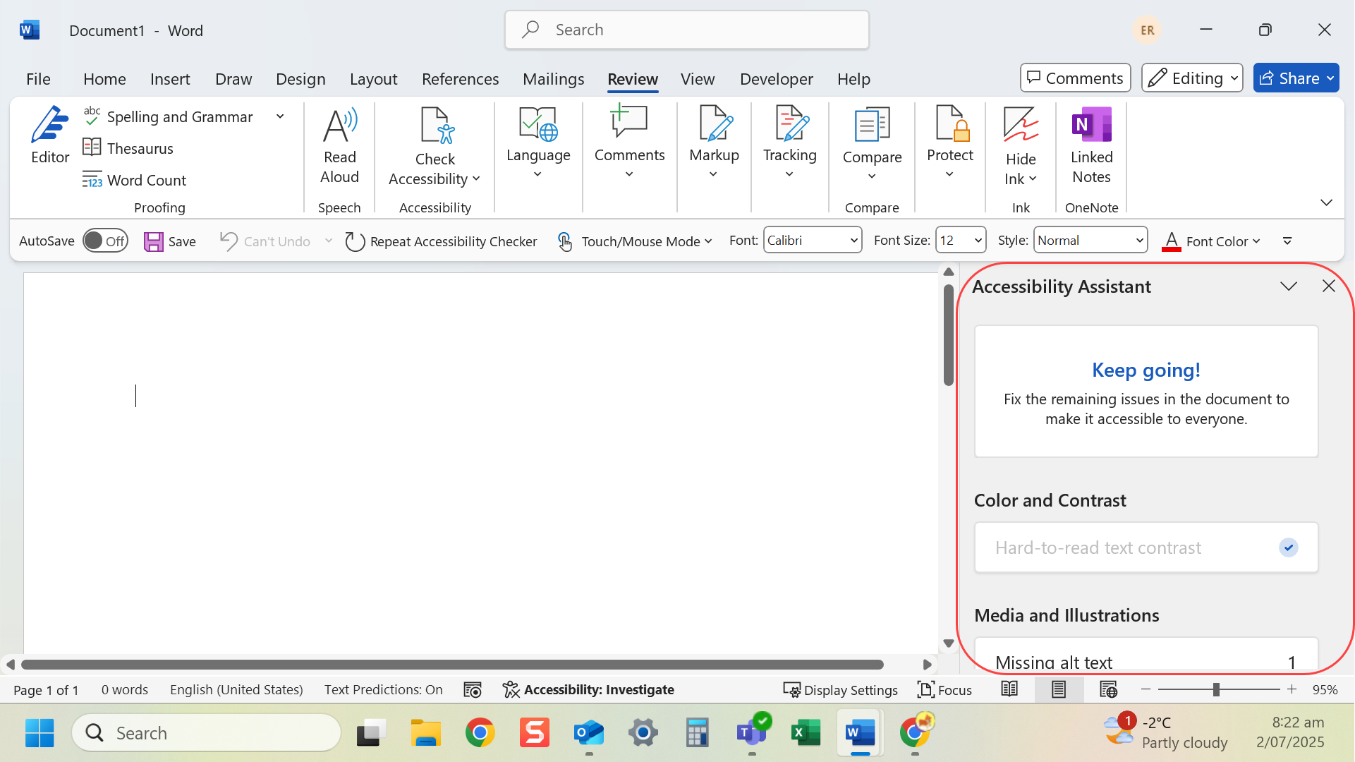 Accessibility Assistant pane shows issues