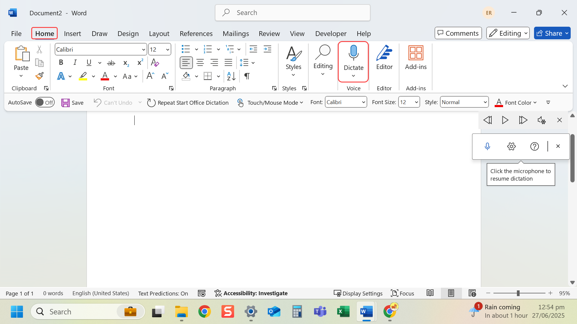 Dictation toolbar appears and begins listening
