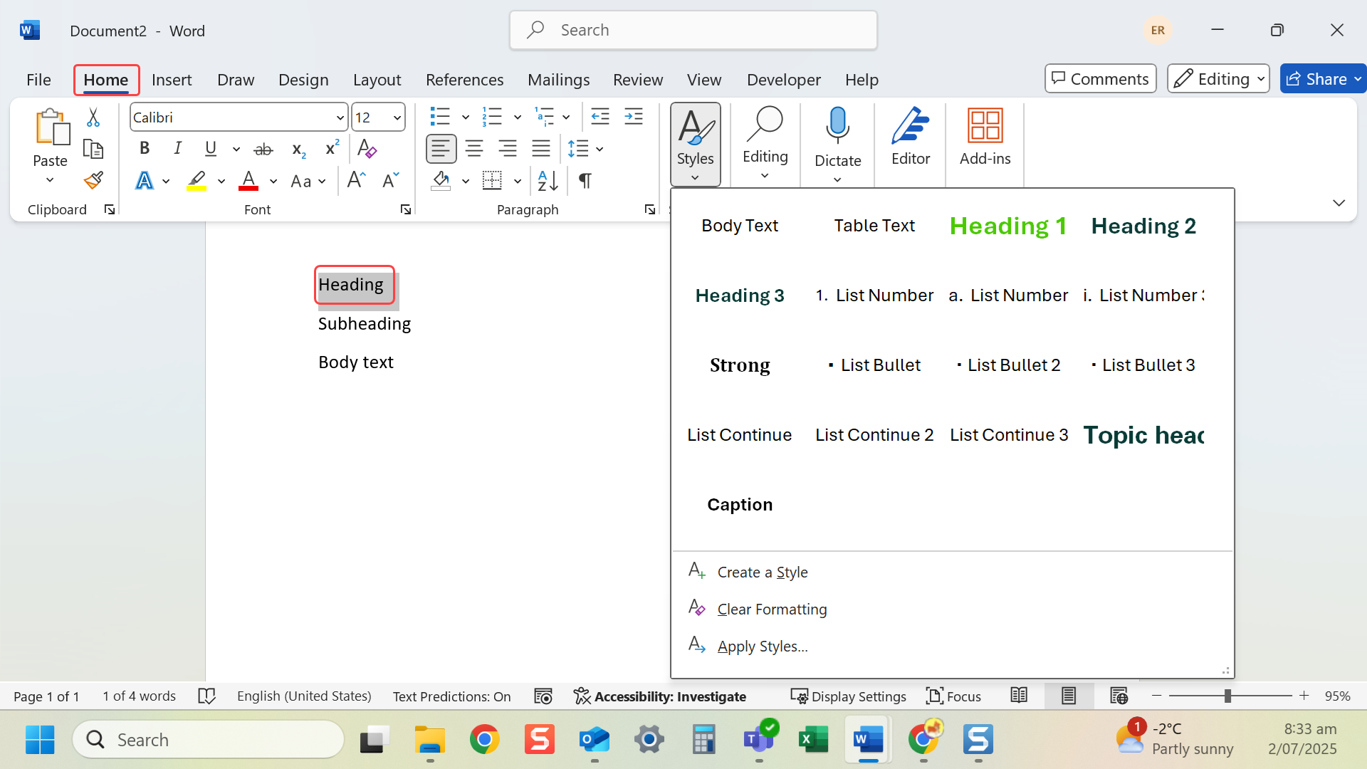 Open the Styles gallery on the Home tab in Word
