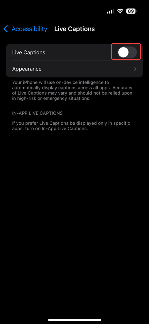 Select Live Captions and toggle on