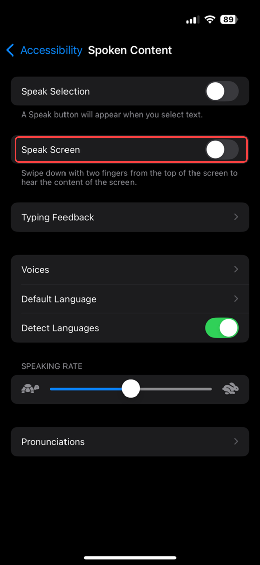 Select Spoken Content and toggle Speak Screen on