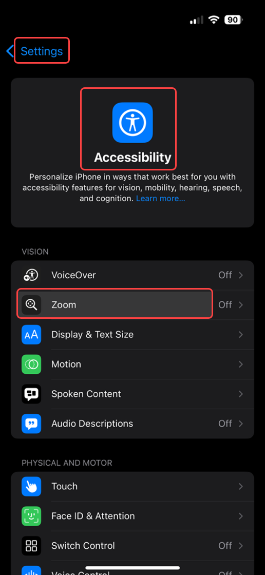 Navigate to Accessibility in Settings