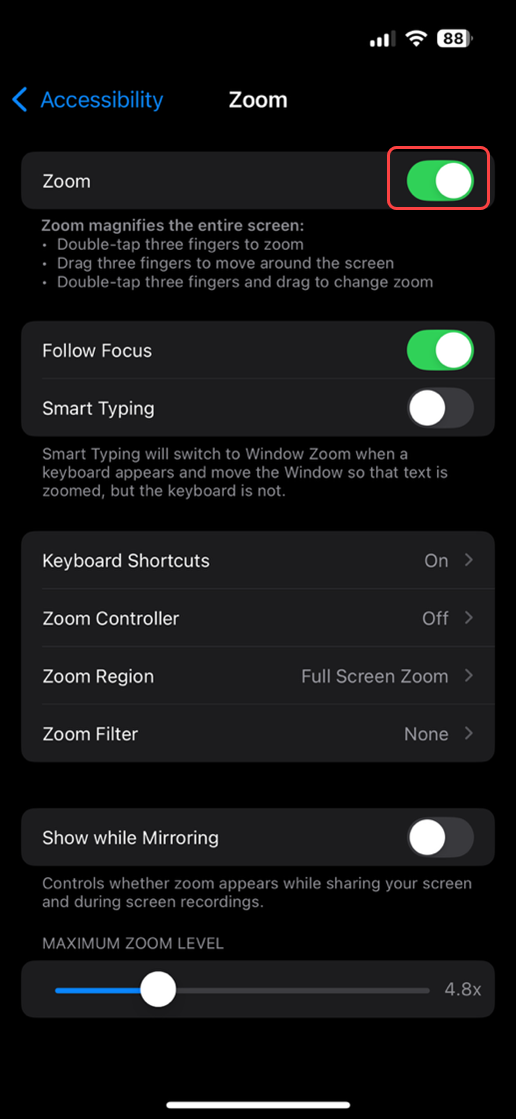 Select Zoom and toggle on
