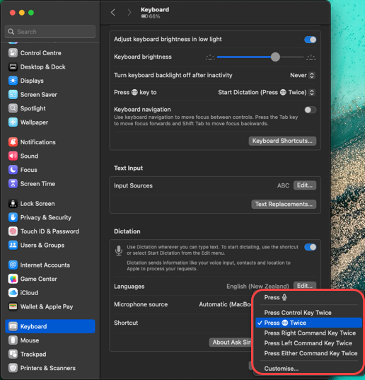 Adjust Dictation shortcut