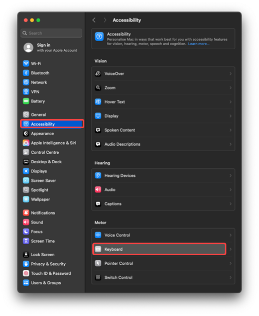 Select Accessibility from the left-hand menu
