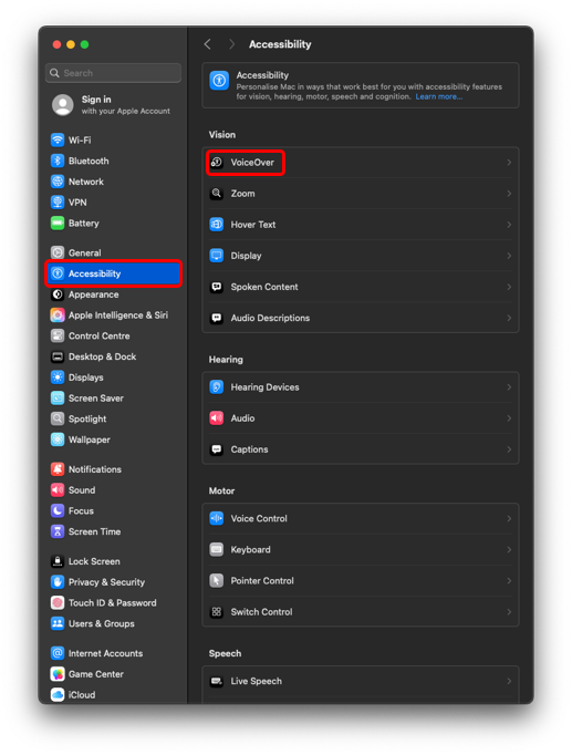 Navigate to Accessibility and select VoiceOver